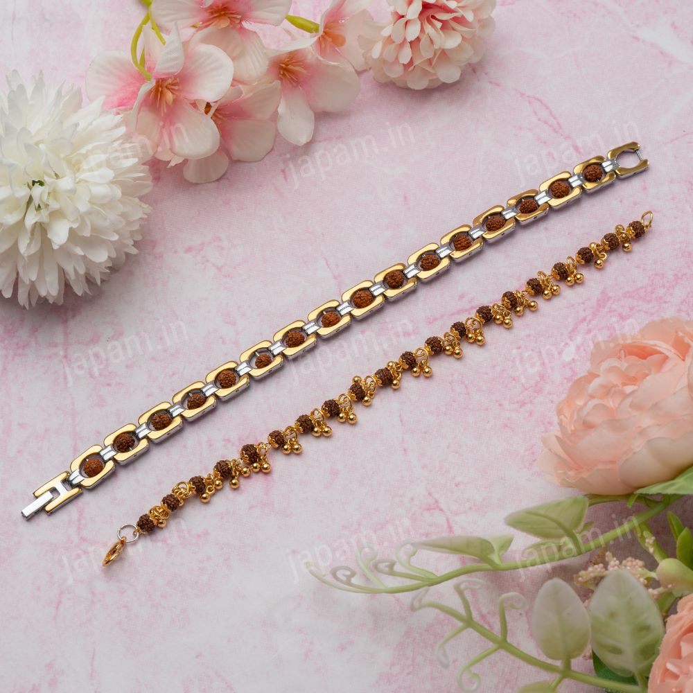 Gold Plated Elemental + Duotone Rudraksha Bracelet Combo